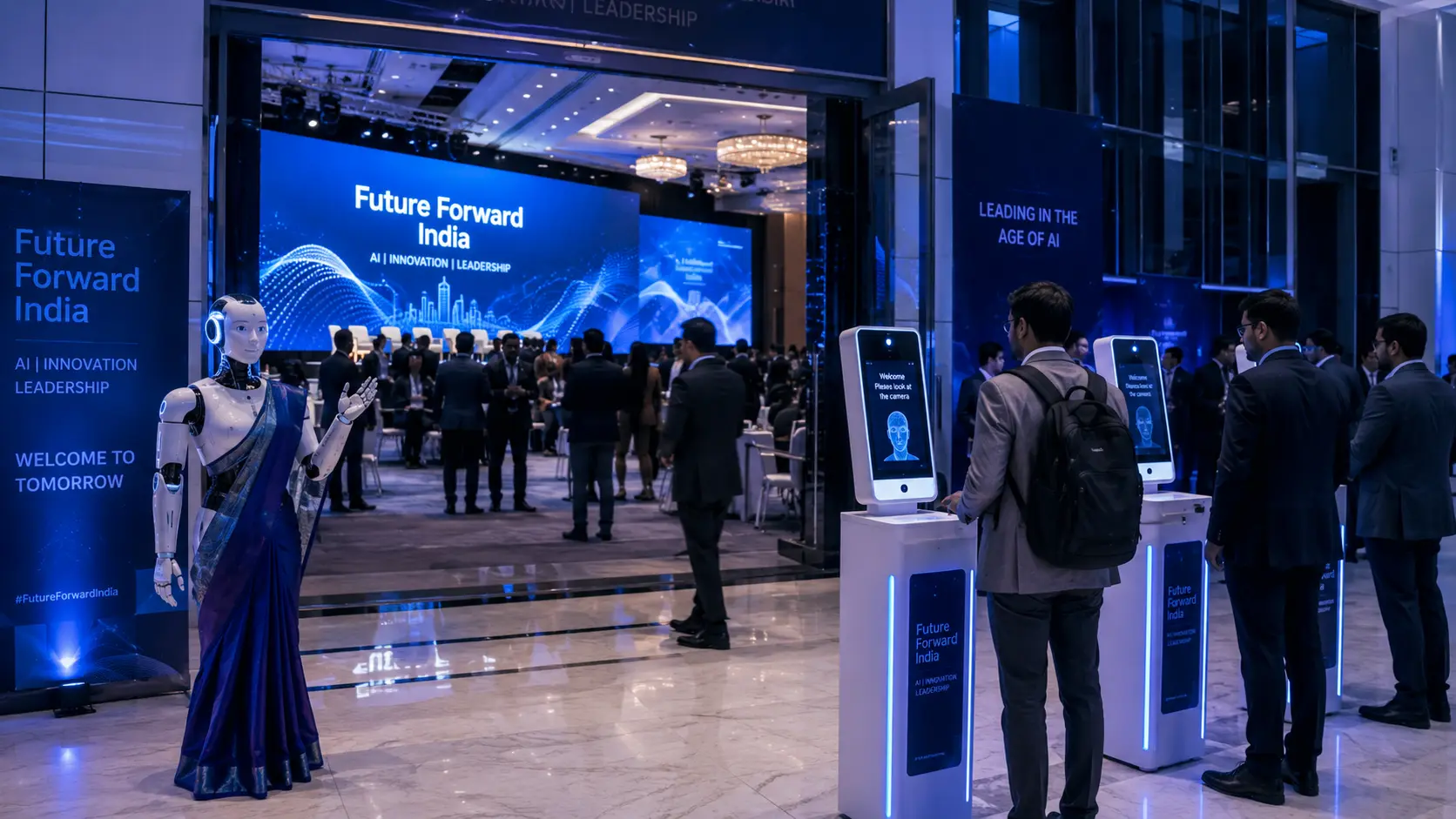 AI event management 2026 — AI robot host and facial-recognition check-in kiosk at an Indian corporate conference